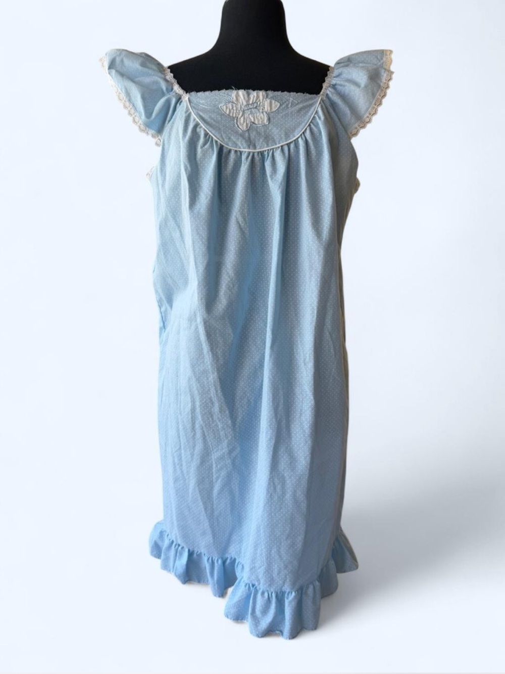 Vintage Light Blue Polka Dot Ruffled Chemise with Delicate Lace Ribbon  Trim